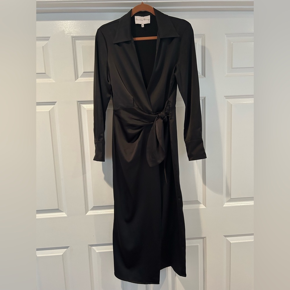 Classic Black Satin Wrap Dress